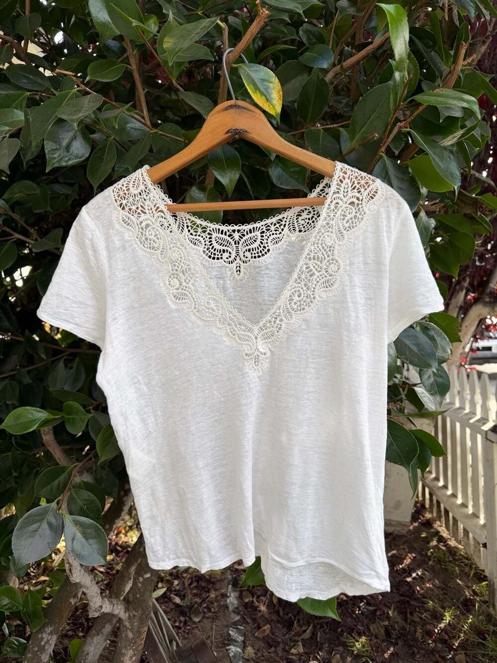 Sézane Mina Linen Crochet Neckline Short Sleeve T-Shirt